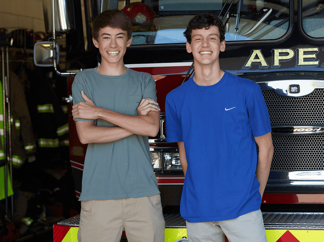 Teen braces patients and fire truck