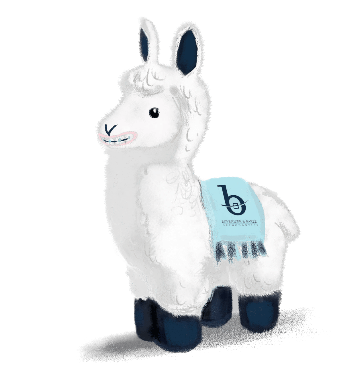 A drawing of a llama with braces on and a blue blanket that says