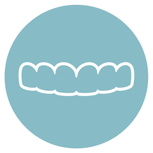 A blue circle and an image of a set of upper teeth.