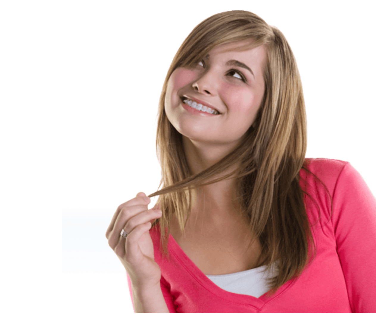 A girl with brown hair, a coral shirt, and clear braces.